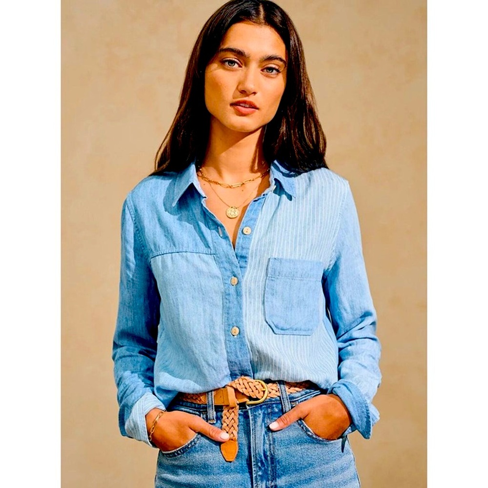 FAHERTY - Tried and True Autumn Patchwork Button Down Blue sz S - NWOT